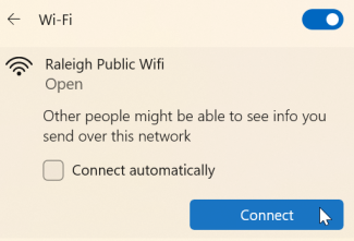 Screenshot showing Raleigh's Public Wi-Fi as an option on a mobile device